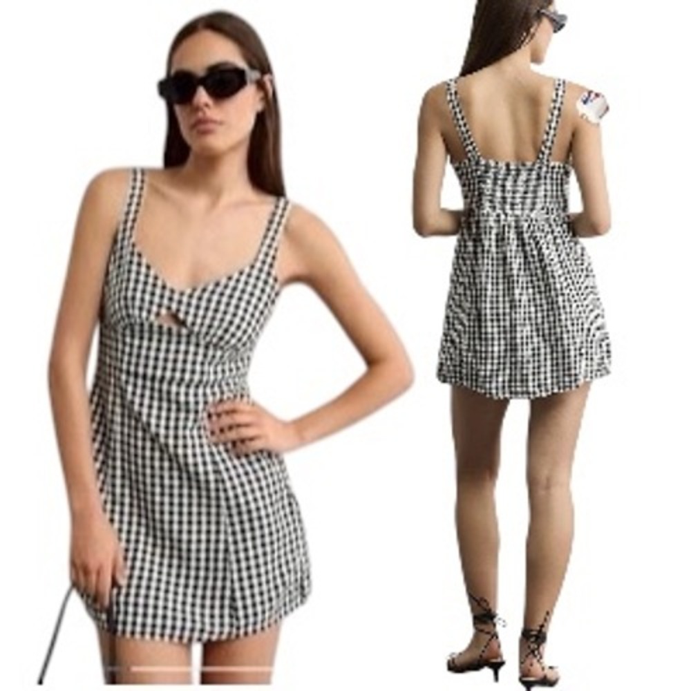 NWT American Eagle Black White Gingham Cotton Linen Mini Dress Size Small Summer